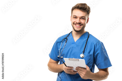profession and medicine concept - happy smiling doctor or male nurse in blue uniform
.isolated on white background
