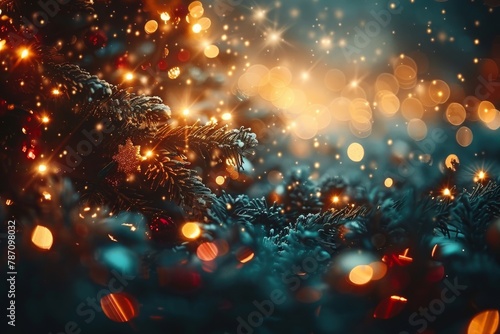 A captivating close-up of a Christmas tree branch, adorned with decorations and surrounded by a magical array of twinkling lights © Larisa AI
