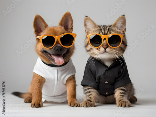 funny litllte dog and cat playing  wear black sun glasses at white background