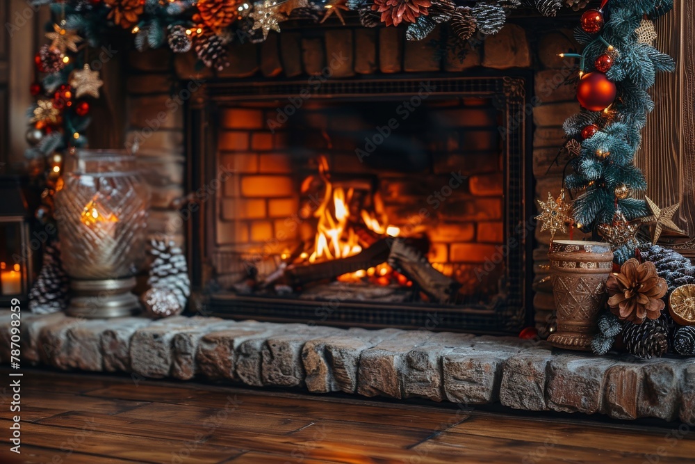 A tasteful and elegant Christmas scene featuring a fireplace adorned with festive decorations and lighting