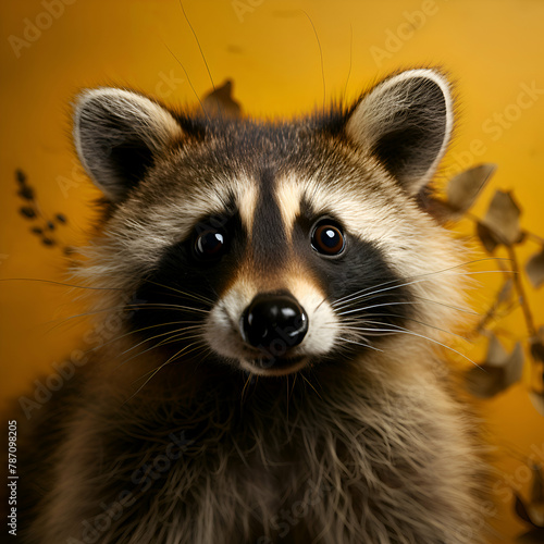 Portrait of a raccoon on a yellow background. Studio shot. © Wazir Design