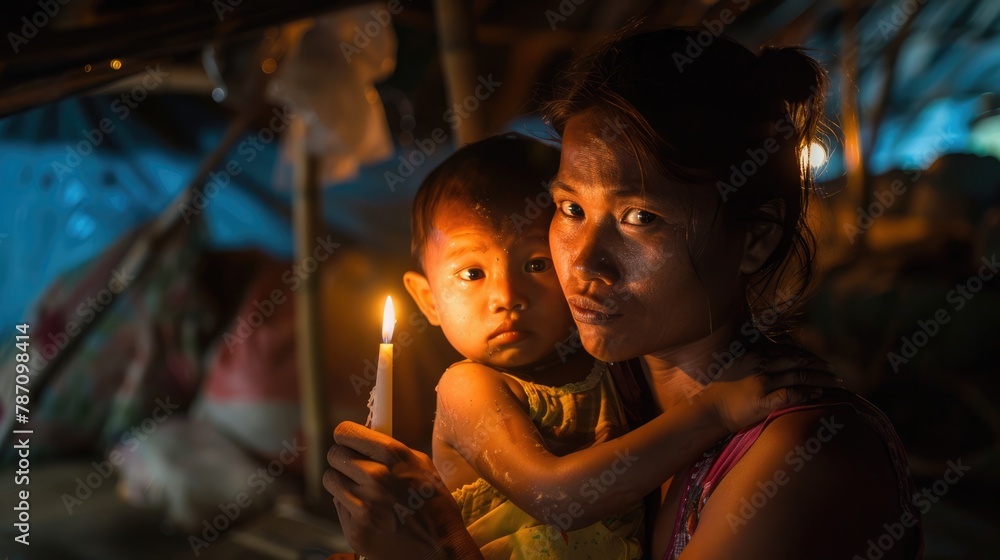 Candlelight illuminates the faces of a mother and child, symbolizing hope and resilience. World Refugee Day