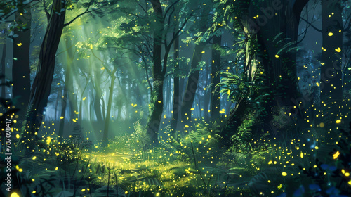 A forest with a path and trees with fireflies