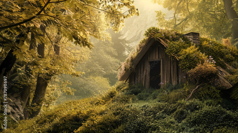 A small wooden cabin is nestled in a lush green forest - obrazy, fototapety, plakaty 