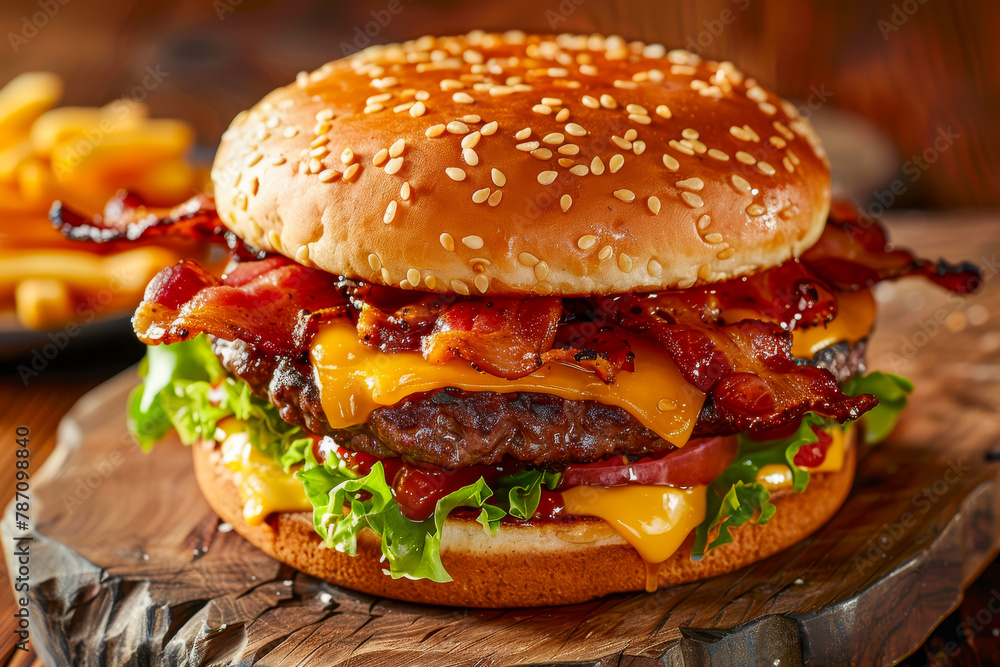 A large hamburger with bacon and cheese on a wooden board A large hamburger with bacon and cheese on a wooden board