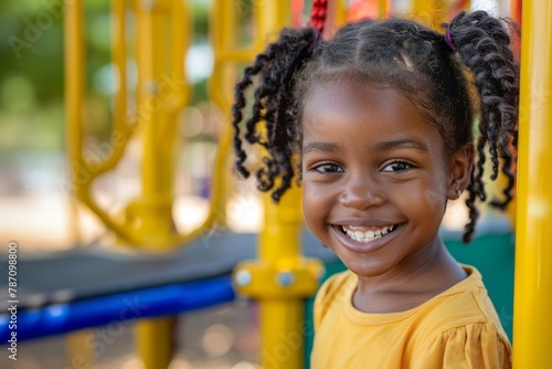 Close up portrait of a smiling black girl happy child wearing colorful clothes, intense looking, on a playground.