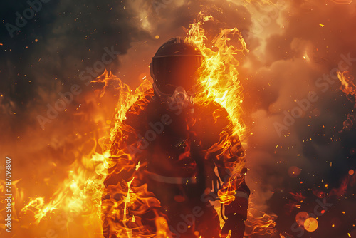 A firefighter is standing in front of a fire, wearing a gas mask photo