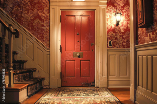 A red door with a white trim sits in front of a staircase