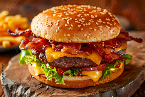 A large hamburger with bacon and cheese on a wooden board