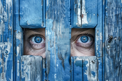 A person with blue eyes is looking through a blue wooden fence