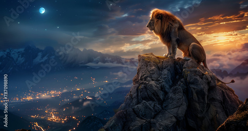 Lion predator sitting on a rock evening moon photo