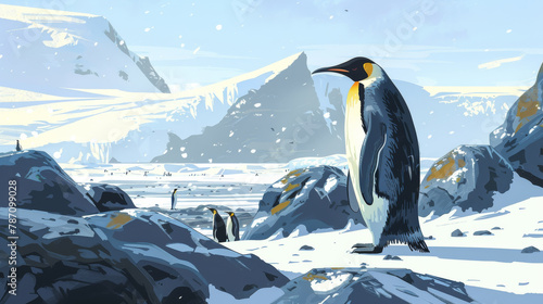 A penguin stands in front of a rocky shoreline with a group of penguins in the b photo