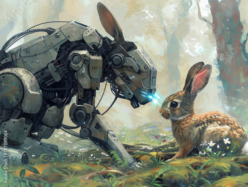 A robot and a rabbit are in a forest photo