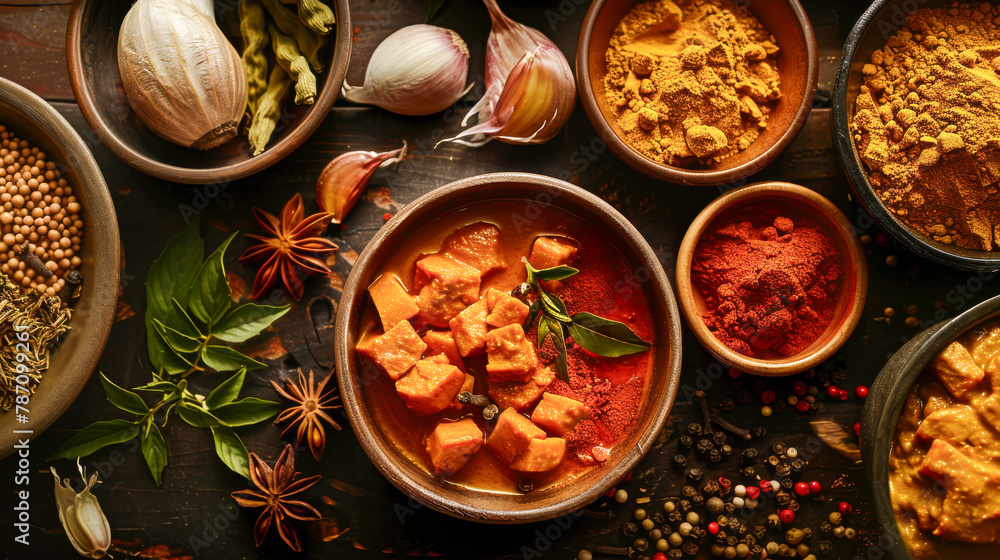 A table with many bowls of food and spices A table with many bowls of food and spices