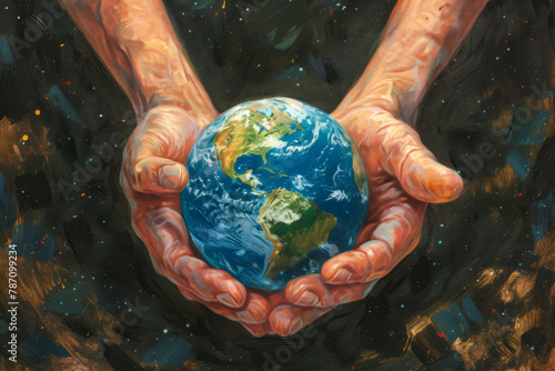 A painting of two hands holding a globe
