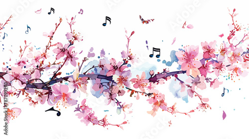 Moody watercolor cherry blossoms with musical notes