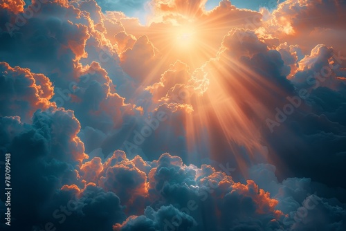 An awe-inspiring shot, where the sun's rays break through the expansive clouds, illuminating them with a soft, warm glow