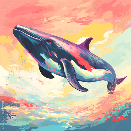 Whale, bright colors. Portrait of a whale on a white background.