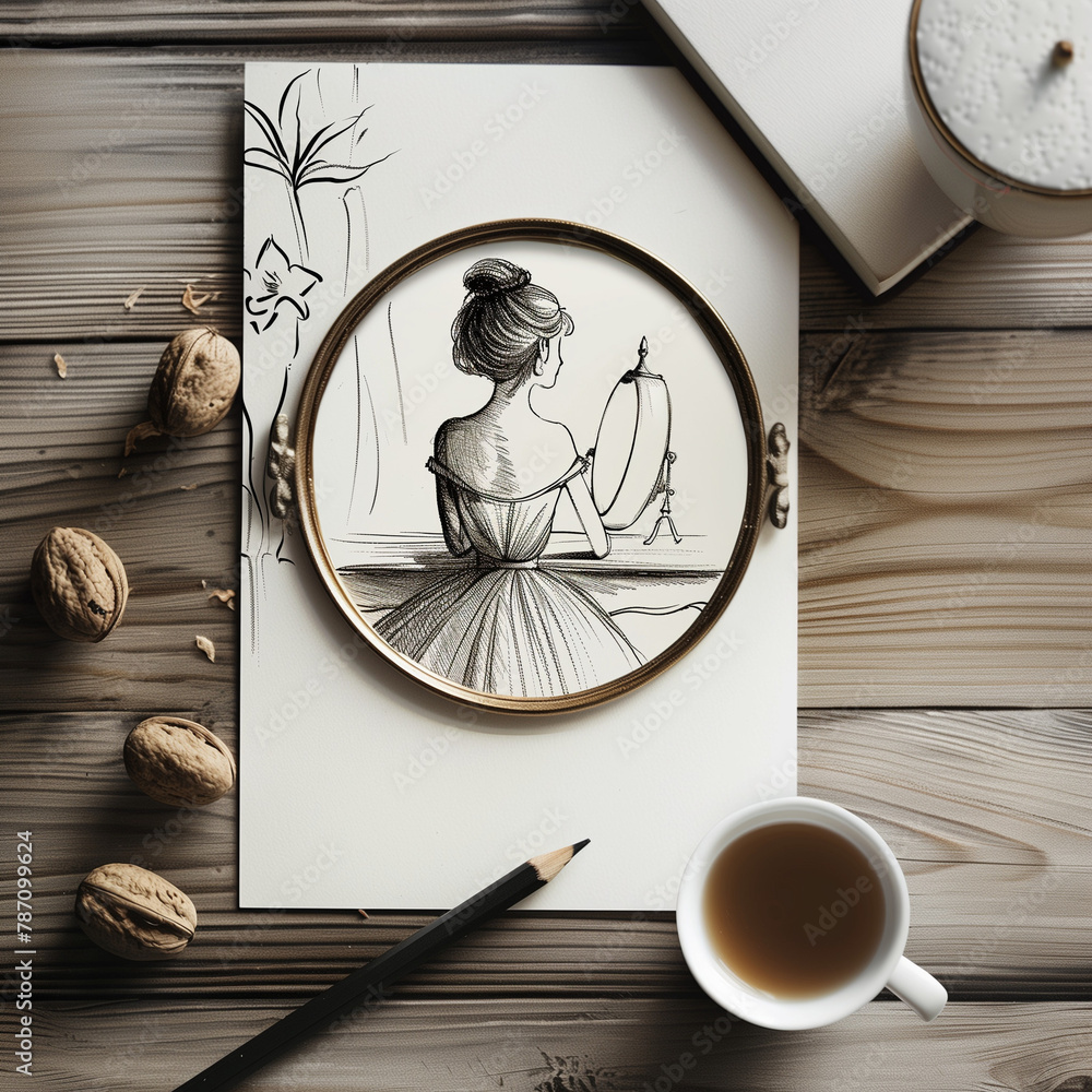 Drawing of a princess, frame with paintings, and real fresh nuts.Minimal creative art and nature concept.