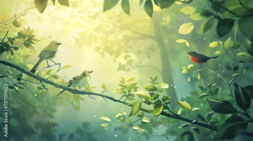 A painting of three birds on a tree branch with a bright green background