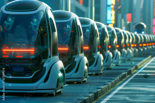 A row of futuristic vehicles are lined up on a street photo