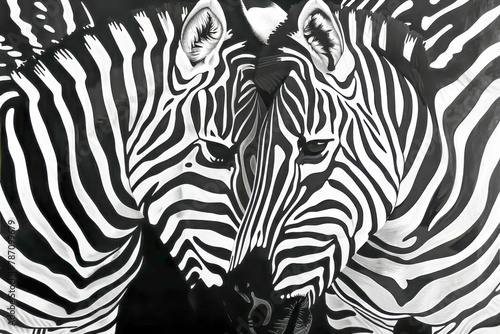 A zebra is shown in a black and white photo with its head turned to the side photo