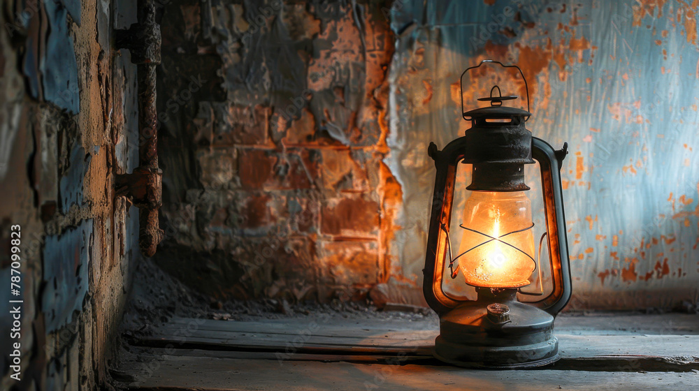 A lantern is lit in a room with a brick wall