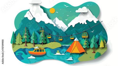 Mountains with cable car forest boat tent on river background