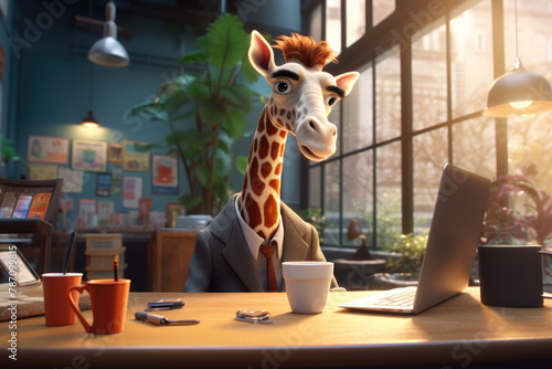 A giraffe stooping awkwardly to use a laptop on a standard height desk, knocking over a cup of coffee in a spacious office, 3D illustration photo