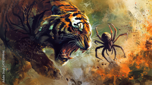 A tiger is attacking a spider