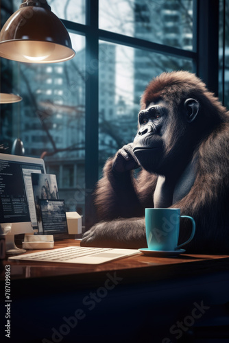 A gorilla thoughtfully scratching its head while looking at a laptop screen, with a big mug of coffee in an open office space, 3D illustration