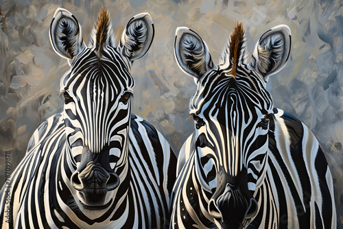 Two zebras are standing next to each other in a painting