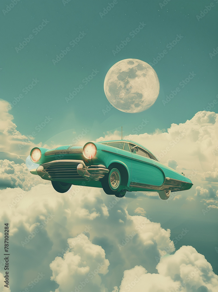 Oldtimer car in the sky.Minimal creative travel concept Oldtimer car in the sky.Minimal creative travel concept