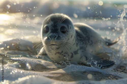 A baby seal is swimming in the ocean photo