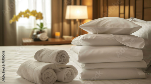 A stack of white pillows and towels on a bed