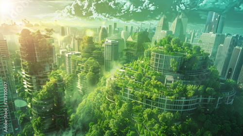 A city with a lot of green buildings and trees