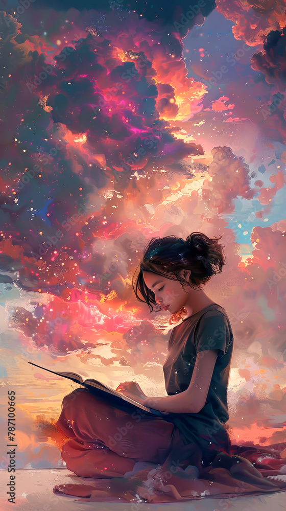 A girl is reading a book while looking up at the sky A girl is reading a book while looking up at the sky