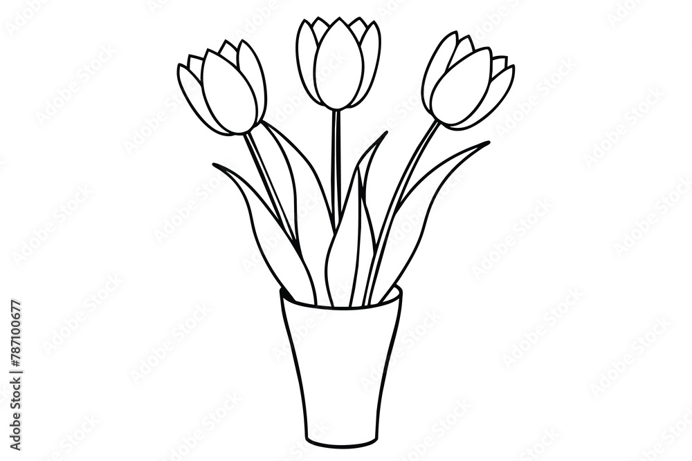 Beautiful tulips standing in a vase line art, vector illustration Beautiful tulips standing in a vase line art, vector illustration