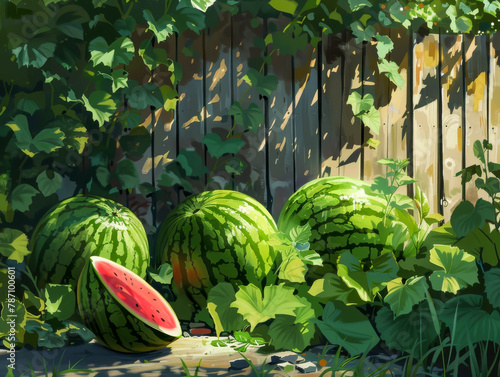 Three watermelons are on a wooden fence
