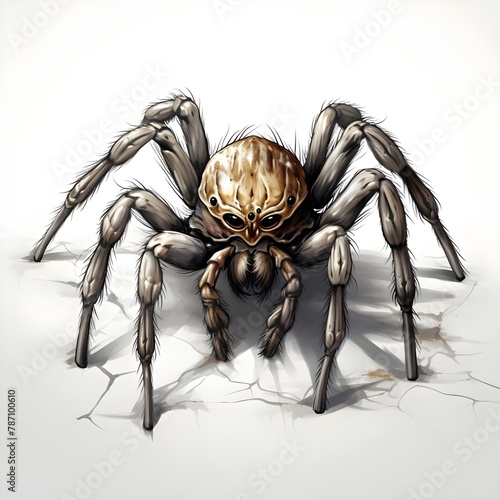 Giant tarantula spider scary black hairy predatory spider black and white drawing engraving style
