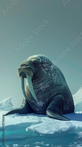 A walrus is sitting on a piece of ice photo