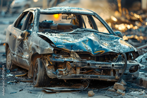 A car is in a pile of rubble, with its hood up and its windows smashed