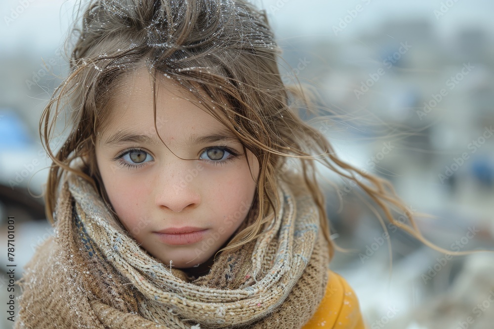 Little girl with beautiful eyes and snowflakes in her hair in winter Little girl with beautiful eyes and snowflakes in her hair in winter