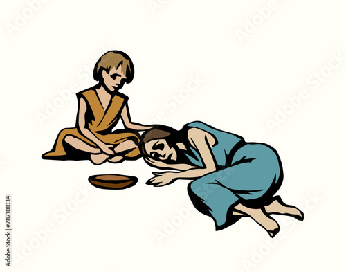 People suffering from hunger. Vector drawing