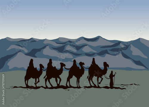 Camel caravan travels. Vector drawing