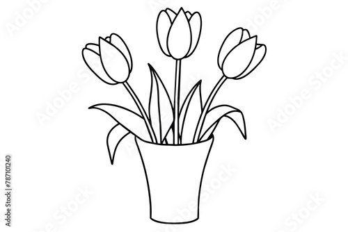 Beautiful tulips standing in a vase line art  vector illustration