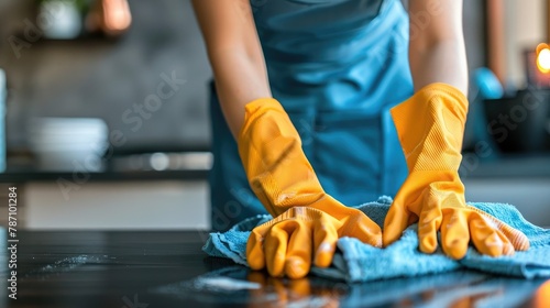 Female cleaner hands in gloves close up, housewife, woman polishing table top with cloths, spray, professional cleaning service working, lady performing home, office duties, Generative Ai