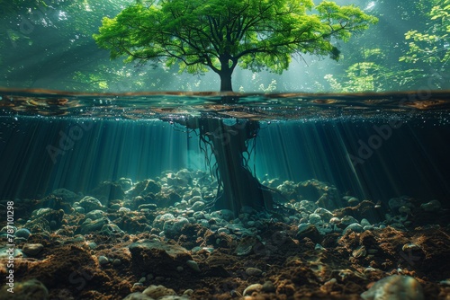 An enchanting digital artwork depicting a massive tree as the dividing line between a mysterious underwater world and a lush green aerial environment