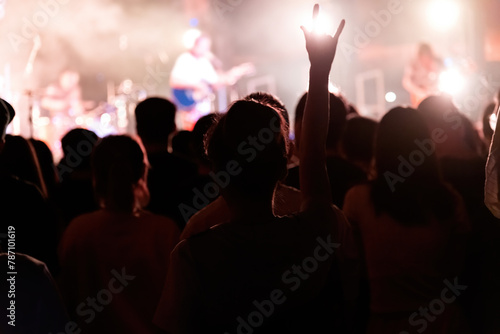 People hand making rock gesture at the concert