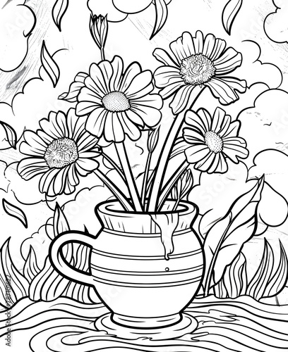 coloring page for kids, Aroma, flower, cartoon style, thick line, low detailm no shading Ai generative  photo